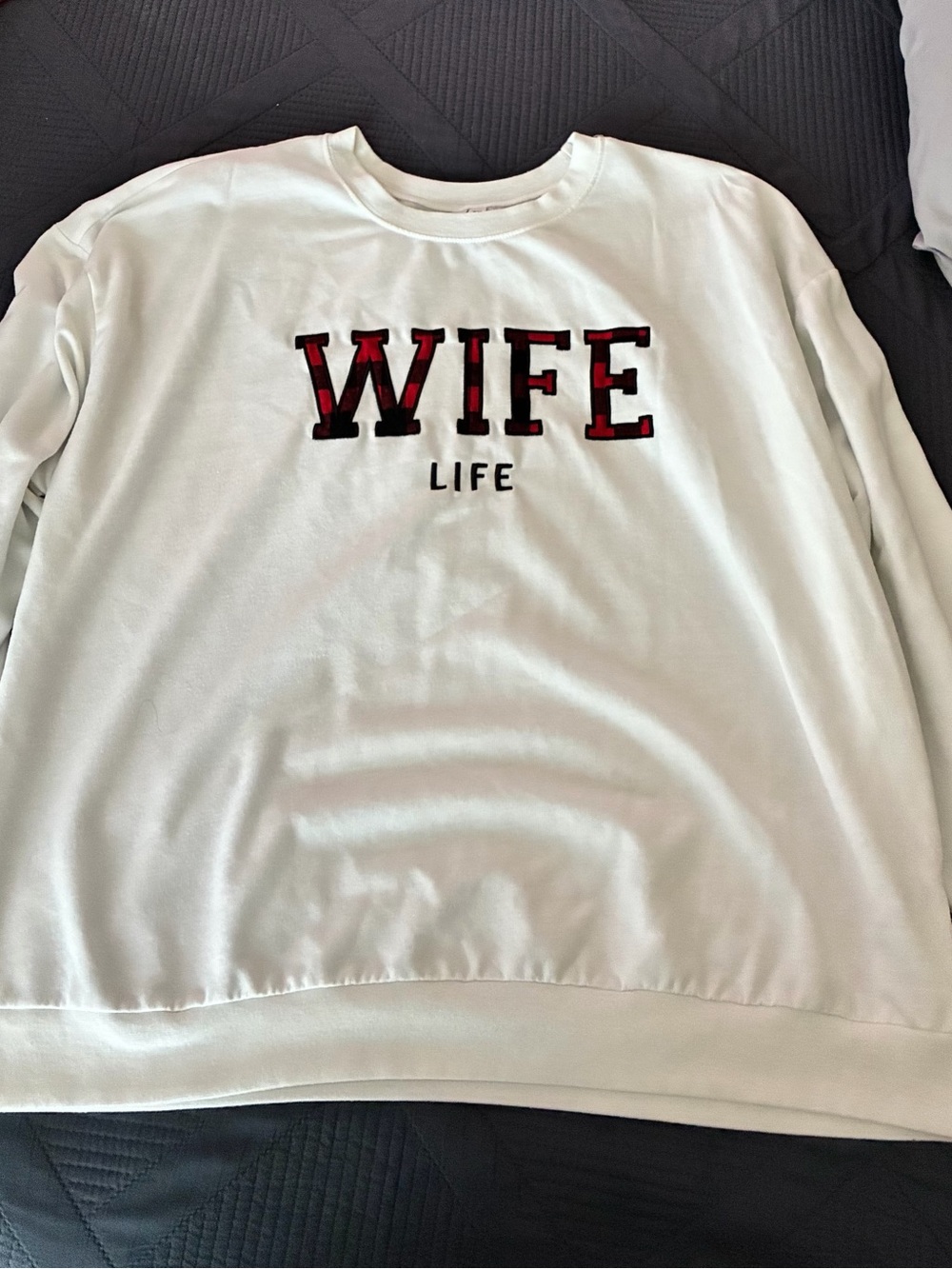David's Bridal White Crewneck Sweater with Red Plaid 'WIFE' Lettering